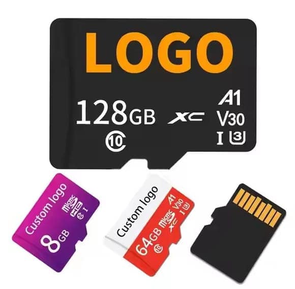 TF cards printed with a customer logo in black, purple and red, shown front and back